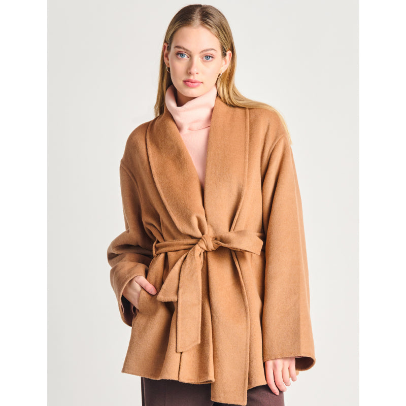 Black Tape Belted Shawl Collar Coat