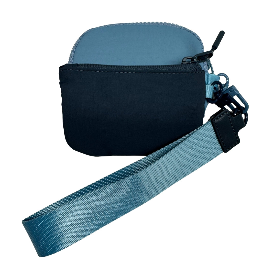 Blue pouch with a strap on a white background