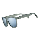 Sunglasses with a gray frame and blue lenses on a white background