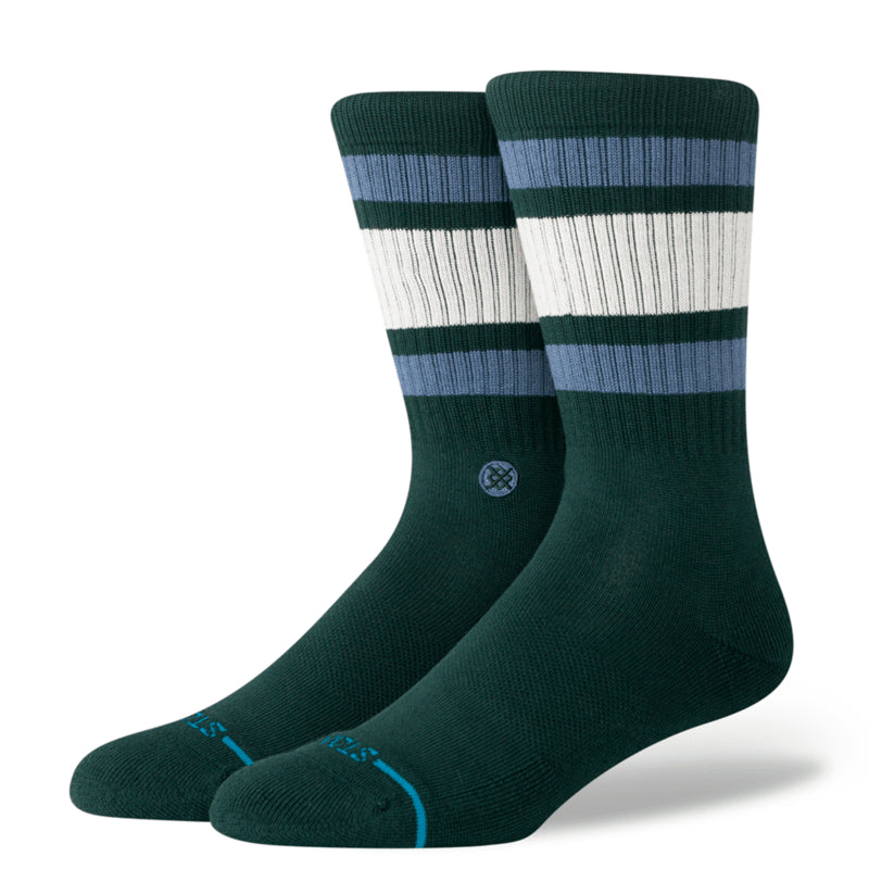 Green socks with white and blue stripes on a white background