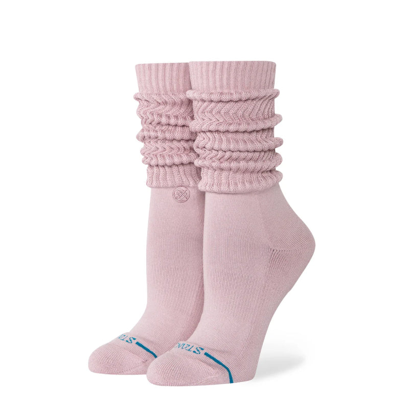 Pair of pink socks with textured design on a white background